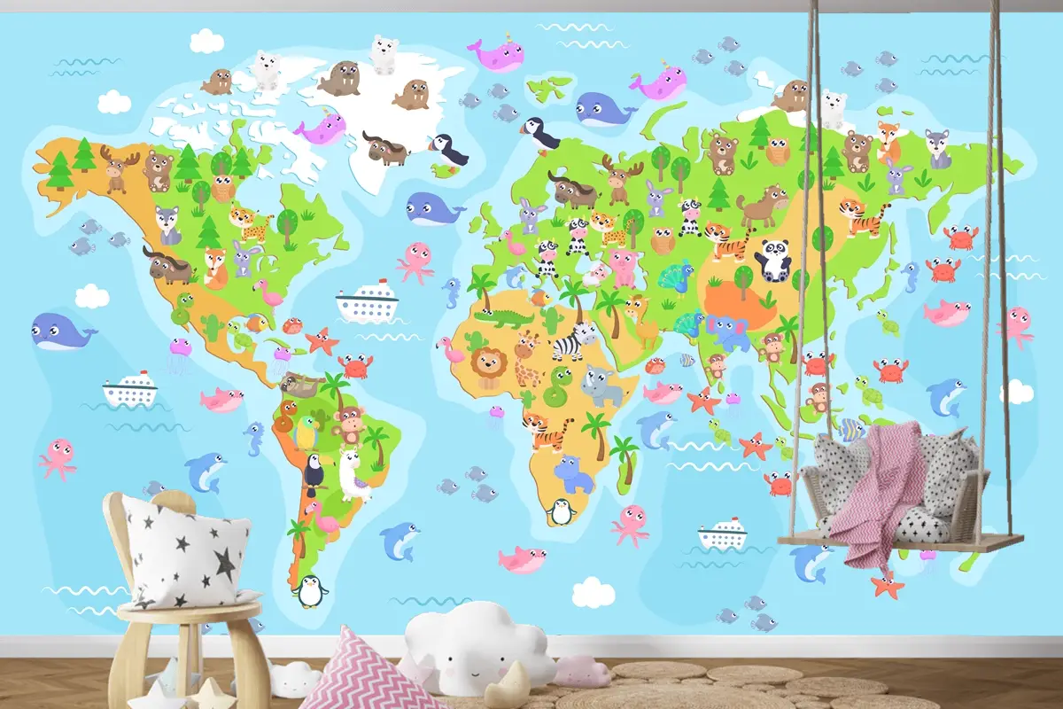 Çocuklar Için Hayvanlarla Dünya Haritası Çocuk Odası Duvar Kağıdı
