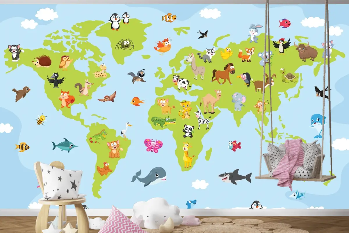 Karikatür Hayvanlı Dünya Haritası Çocuk Odası Duvar Kağıdı