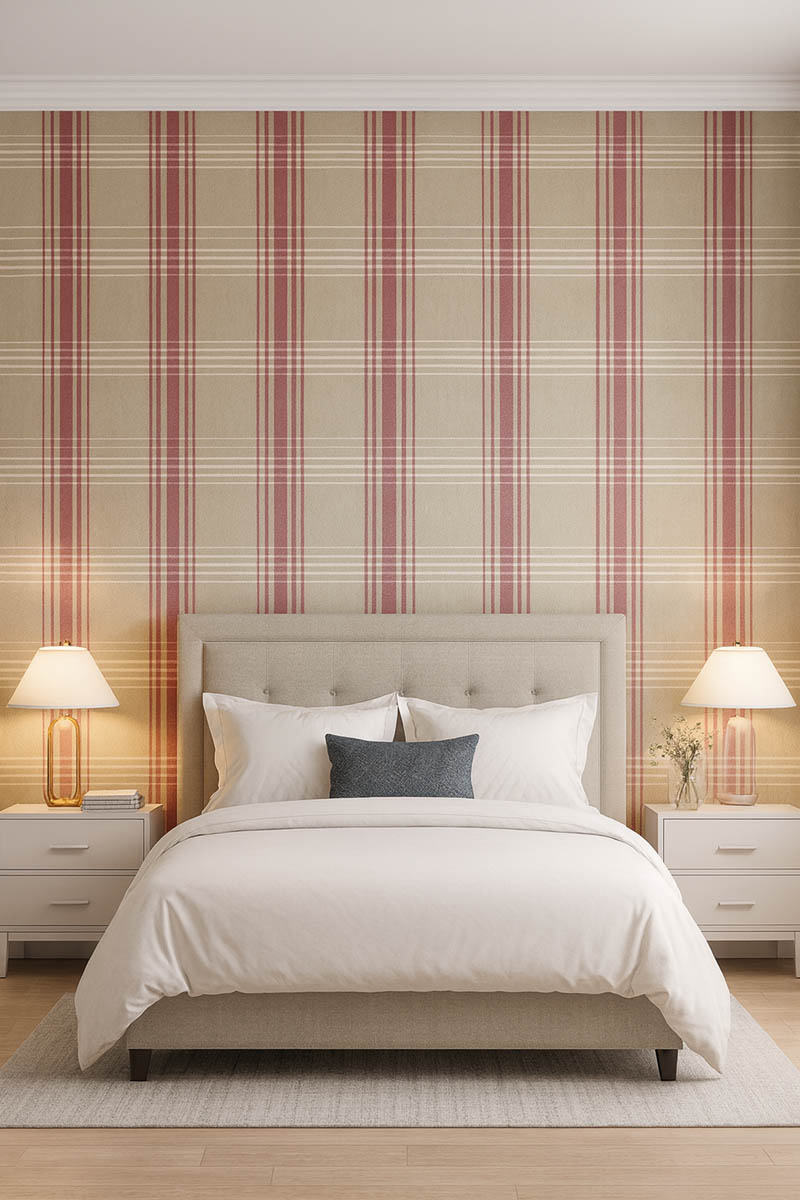 Ekose Krem Kırmızı Desen Ucuz Duvar Kağıdı 22V