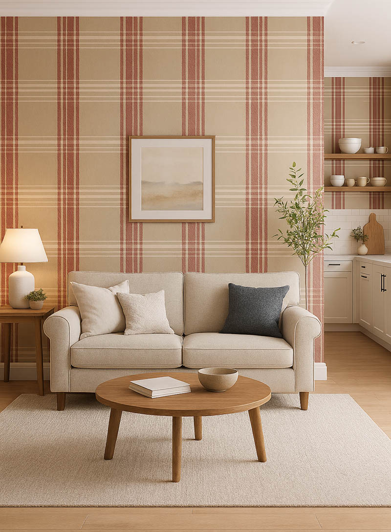 Ekose Krem Kırmızı Desen Ucuz Duvar Kağıdı 22V