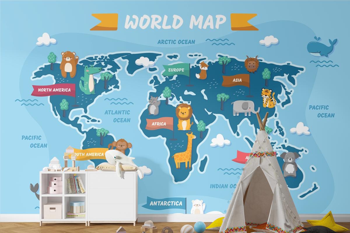 Elle Çizilmiş Çocuk Haritası Çocuk Odası Duvar Kağıdı