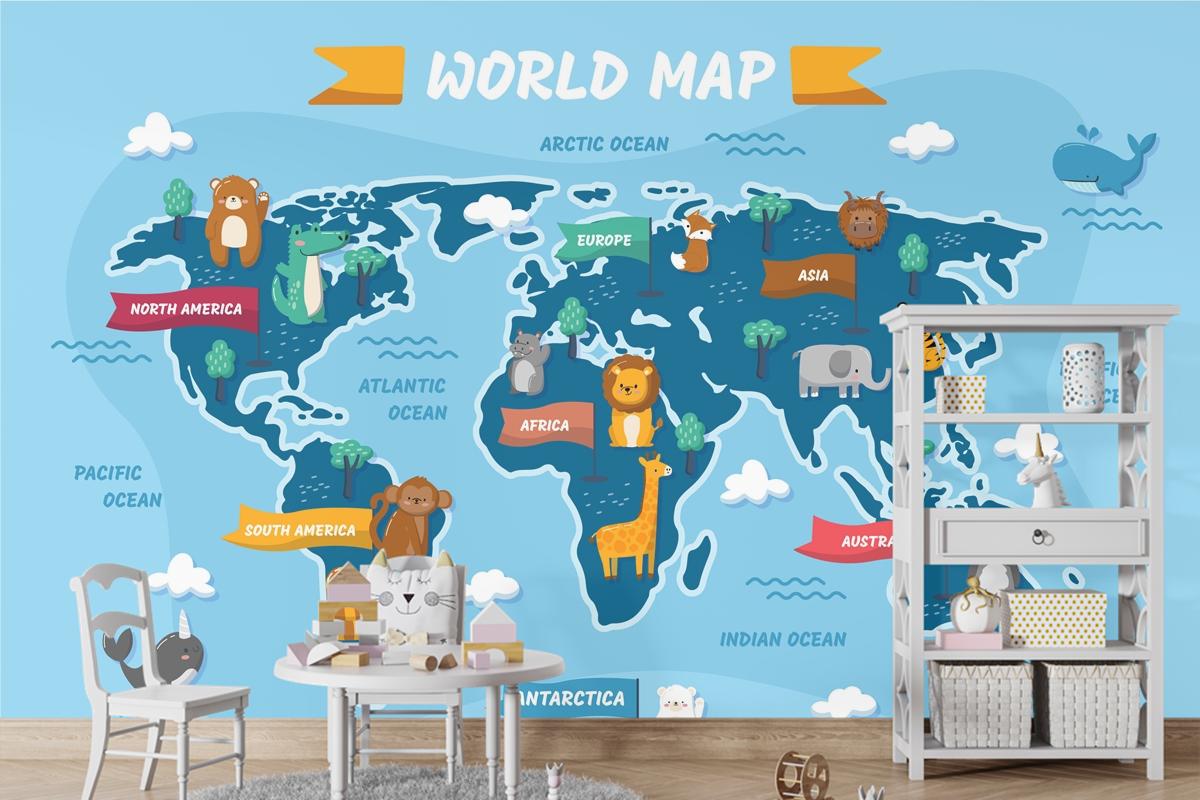Elle Çizilmiş Çocuk Haritası Çocuk Odası Duvar Kağıdı