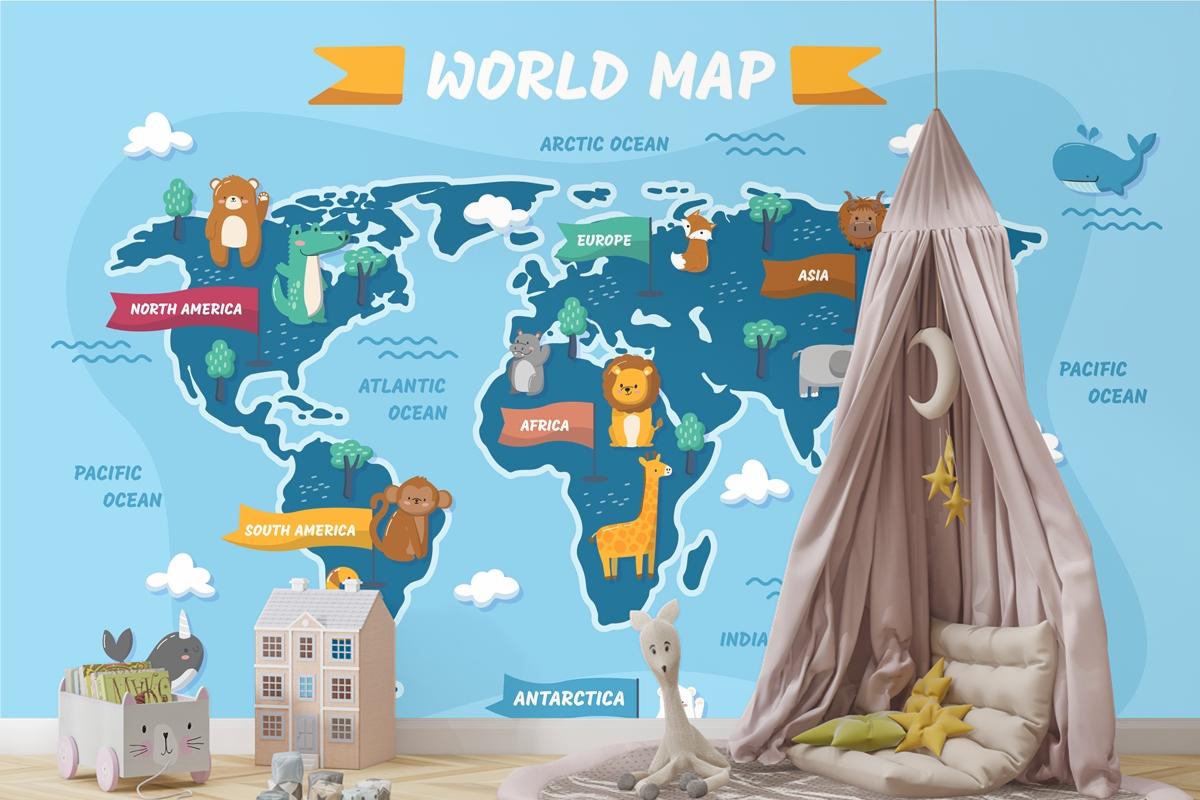 Elle Çizilmiş Çocuk Haritası Çocuk Odası Duvar Kağıdı