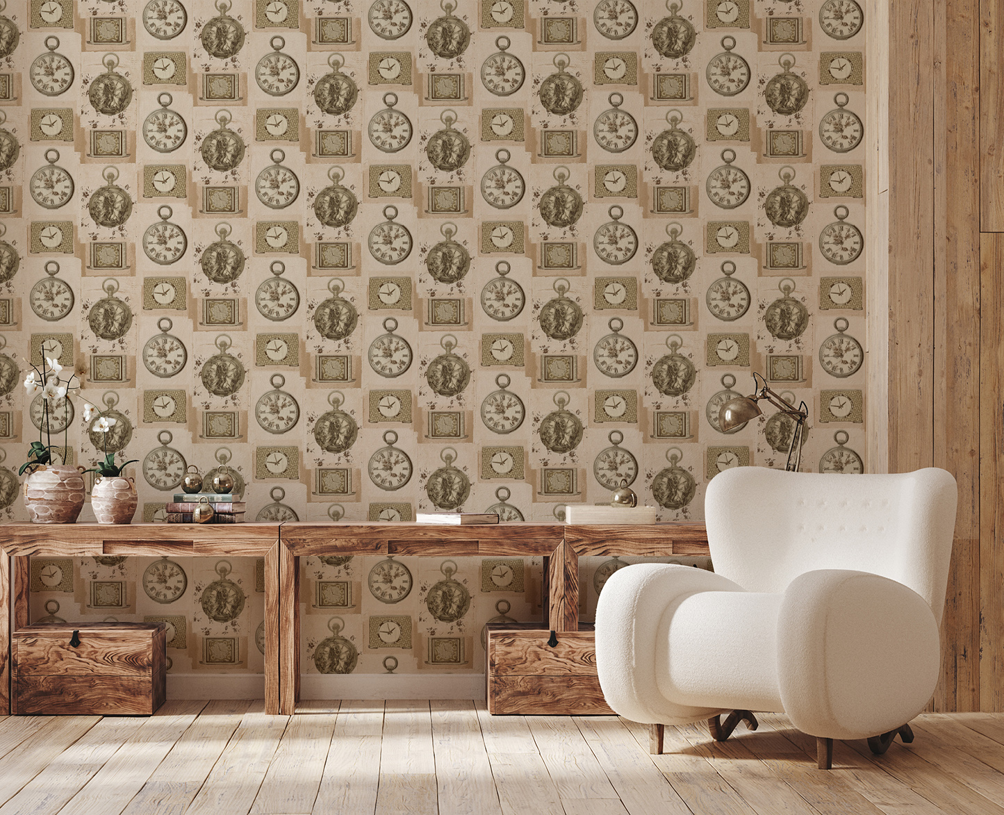 Eskitme Saat Desenli Duvar Kağıdı 53110