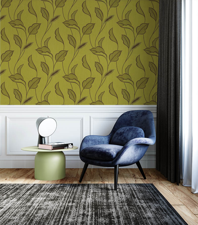 Fıstık Yeşili Yaprak Desen Ucuz Duvar Kağıdı 763546