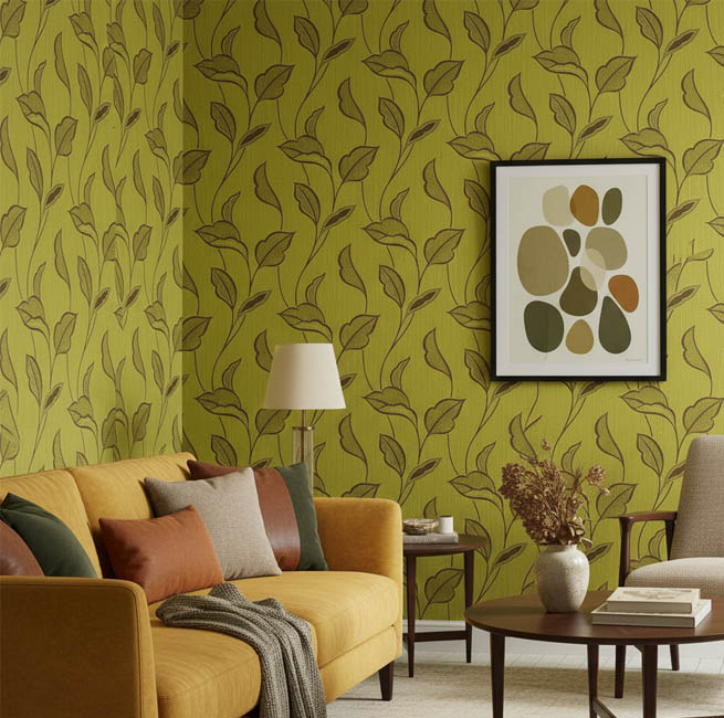 Fıstık Yeşili Yaprak Desen Ucuz Duvar Kağıdı 763546