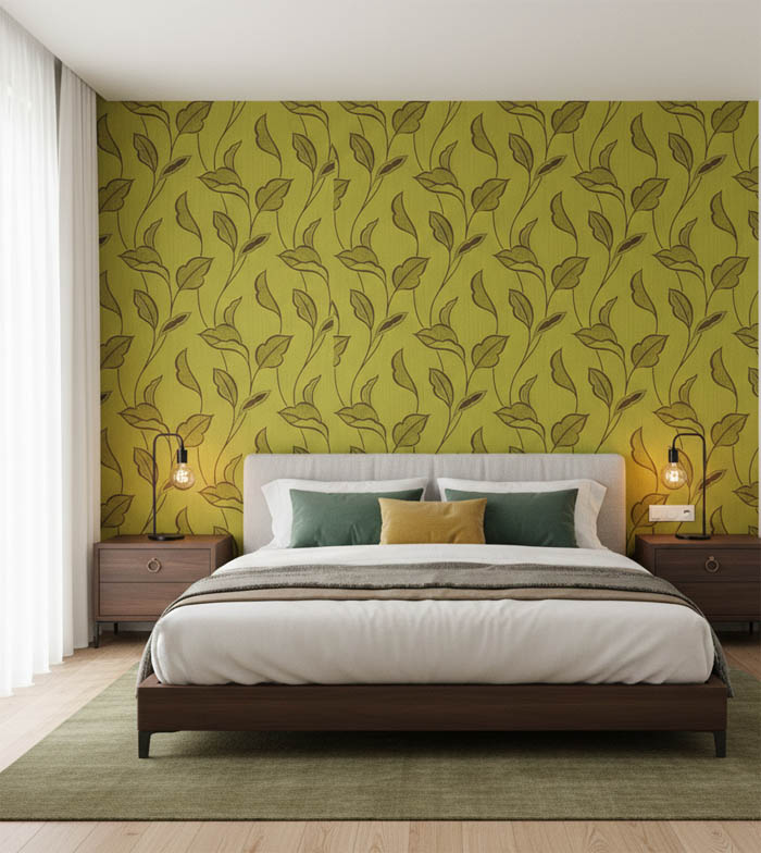 Fıstık Yeşili Yaprak Desen Ucuz Duvar Kağıdı 763546