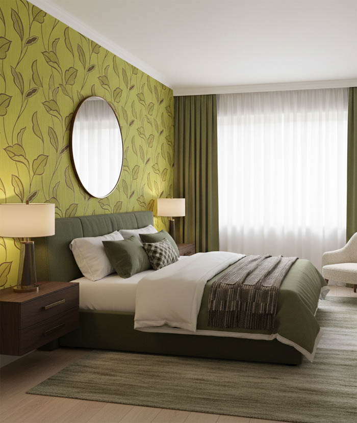 Fıstık Yeşili Yaprak Desen Ucuz Duvar Kağıdı 763546