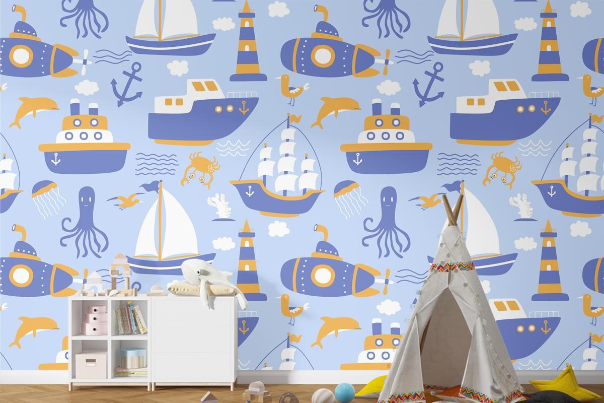 Gemiler Ile Seamless Modeli Çocuk Odası Duvar Kağıdı