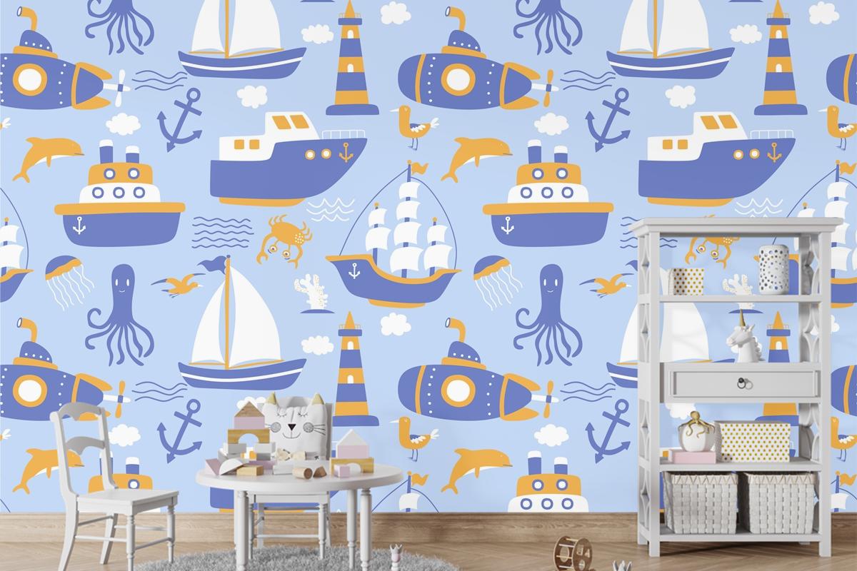 Gemiler Ile Seamless Modeli Çocuk Odası Duvar Kağıdı
