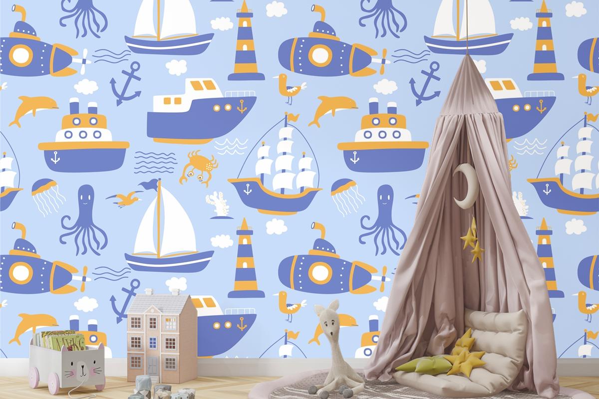 Gemiler Ile Seamless Modeli Çocuk Odası Duvar Kağıdı