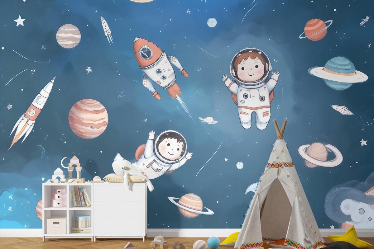 Gezegenler Çocuk Odası Duvar Kağıdı Ile Çocuklar Suluboya Uzay