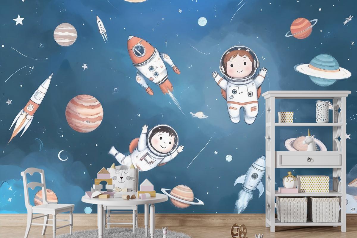 Gezegenler Çocuk Odası Duvar Kağıdı Ile Çocuklar Suluboya Uzay