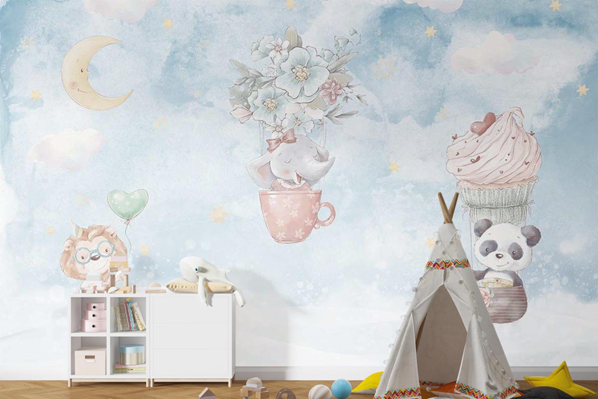 Gökyüzünde Fil Panda Çocuk Odası Duvar Kağıdı
