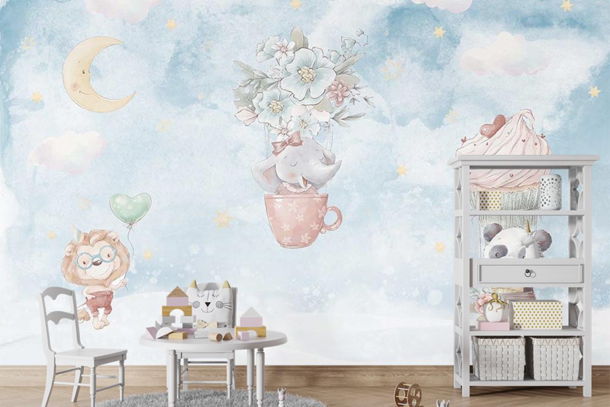 Gökyüzünde Fil Panda Çocuk Odası Duvar Kağıdı