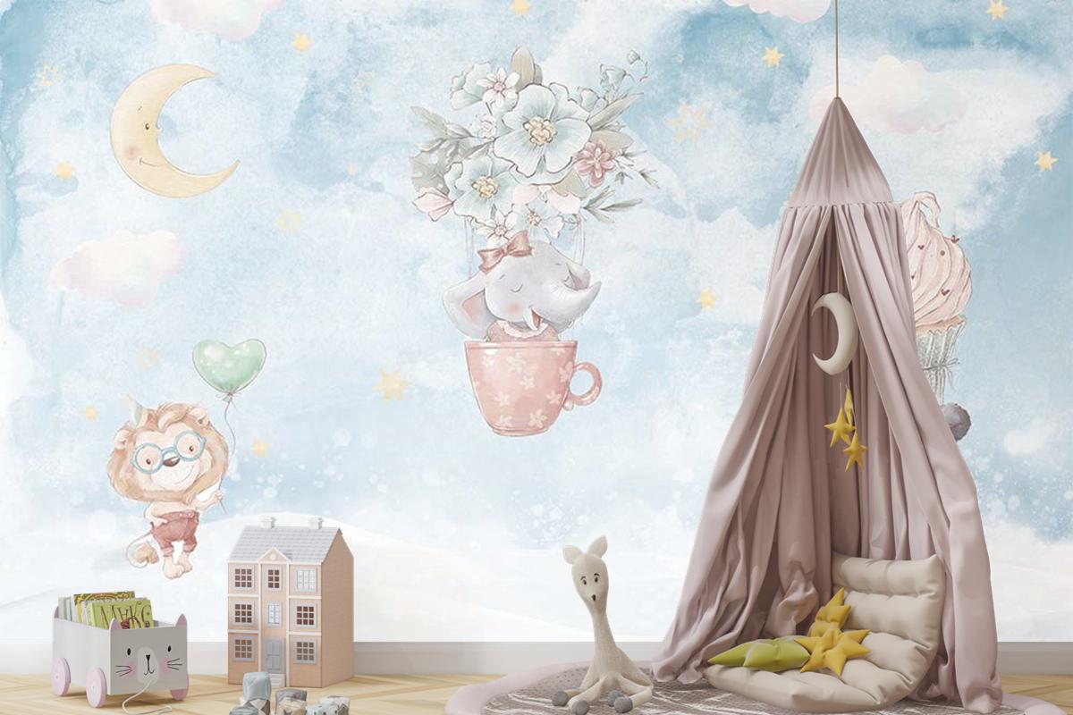 Gökyüzünde Fil Panda Çocuk Odası Duvar Kağıdı