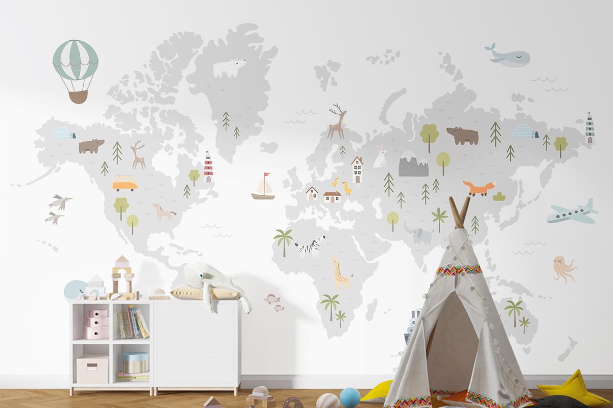 Hayvan Evleri Doğa Elemanları Çocuk Odası Duvar Kağıdı Ile Dünya Haritası