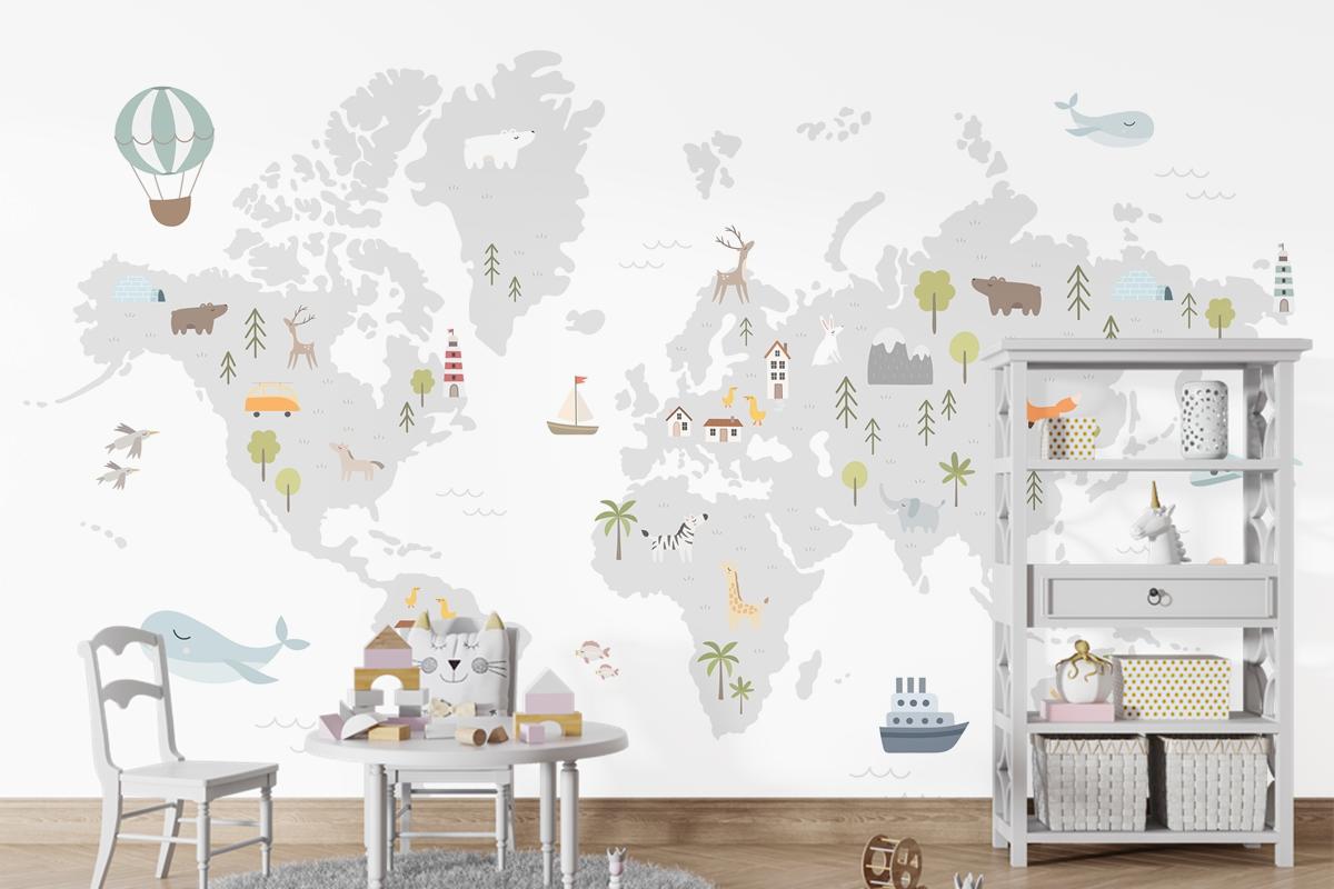 Hayvan Evleri Doğa Elemanları Çocuk Odası Duvar Kağıdı Ile Dünya Haritası