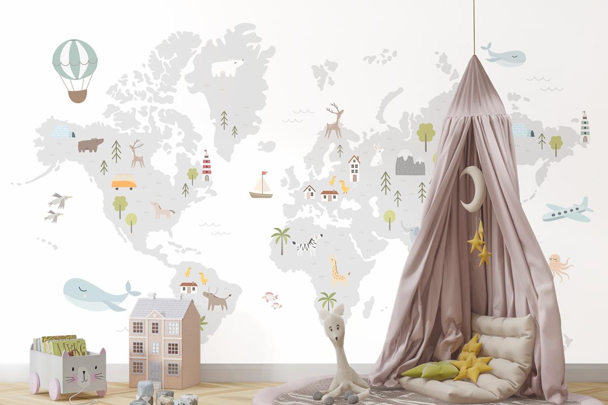 Hayvan Evleri Doğa Elemanları Çocuk Odası Duvar Kağıdı Ile Dünya Haritası