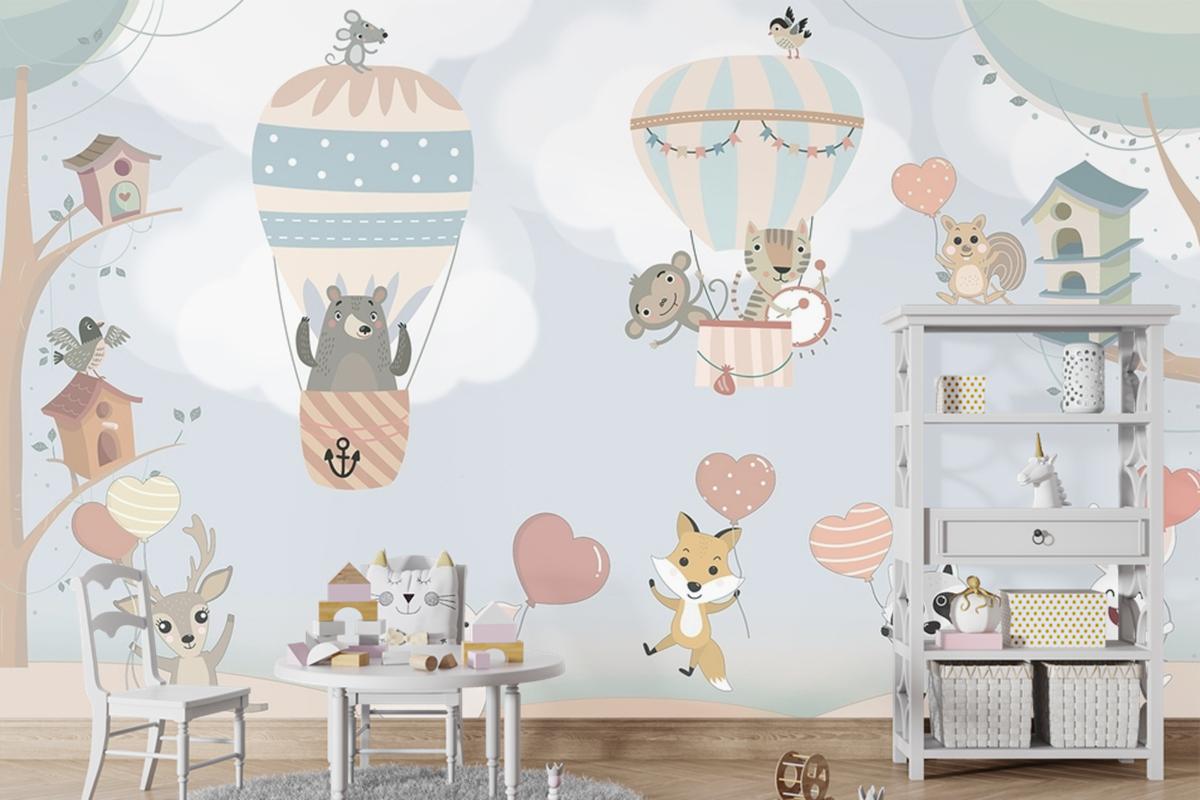 İskandinav Hayvanları Sıcak Hava Balonları Çocuk Odası Duvar Kağıdı