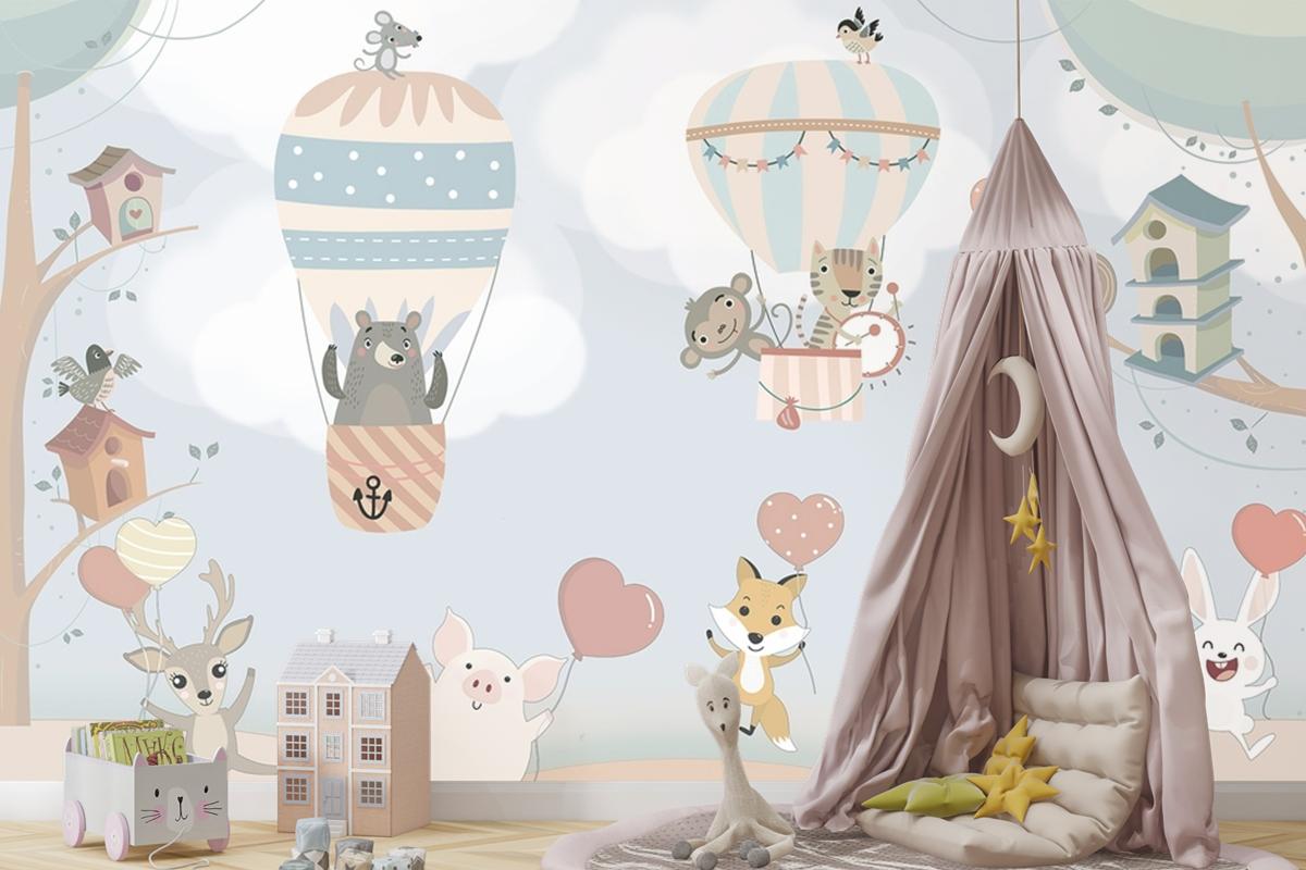 İskandinav Hayvanları Sıcak Hava Balonları Çocuk Odası Duvar Kağıdı