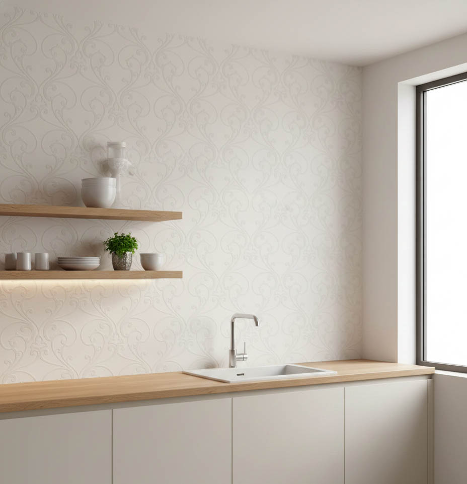 Kabartmalı Boyanabilir Klasik Desenli Duvar Kağıdı 53843 – Beyaz Üzerine Krem Barok Motifli, Kendinden Dokulu, Salon ve Antre Dekorasyonu İçin