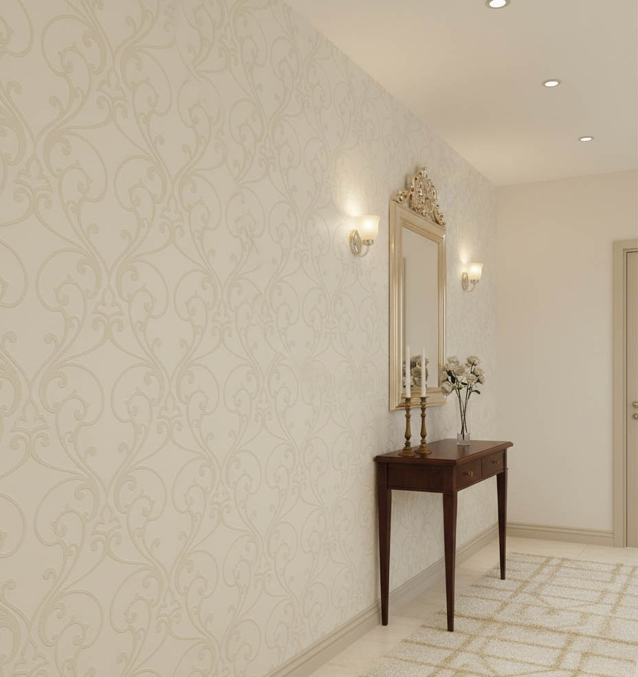 Kabartmalı Boyanabilir Klasik Desenli Duvar Kağıdı 53843 – Beyaz Üzerine Krem Barok Motifli, Kendinden Dokulu, Salon ve Antre Dekorasyonu İçin