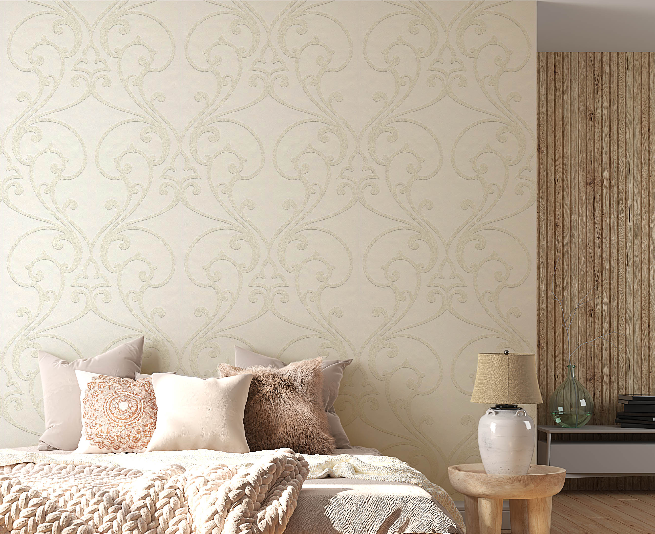 Kabartmalı Boyanabilir Klasik Desenli Duvar Kağıdı 53843 – Beyaz Üzerine Krem Barok Motifli, Kendinden Dokulu, Salon ve Antre Dekorasyonu İçin