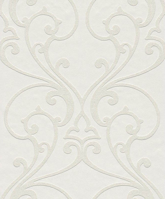 Kabartmalı Boyanabilir Klasik Desenli Duvar Kağıdı 53843 – Beyaz Üzerine Krem Barok Motifli, Kendinden Dokulu, Salon ve Antre Dekorasyonu İçin