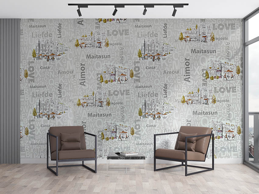 Kafe Harfli Şehirli Gri 16 M2 Duvar Kağıdı 10362-2