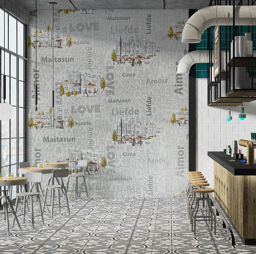 Kafe Harfli Şehirli Gri 16 M2 Duvar Kağıdı 10362-2