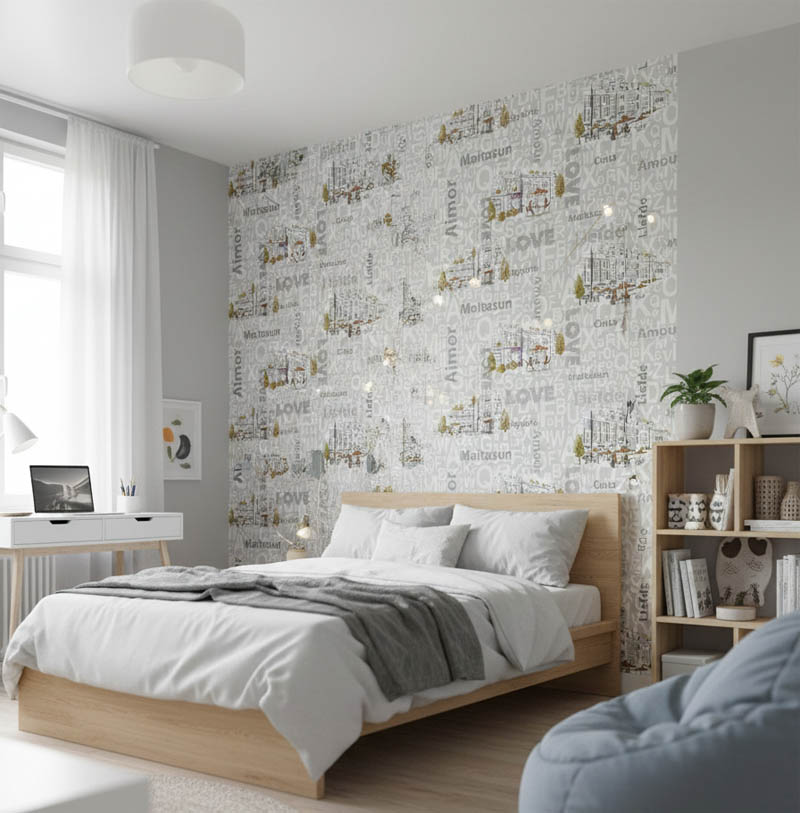 Kafe Harfli Şehirli Gri 16 M2 Duvar Kağıdı 10362-2