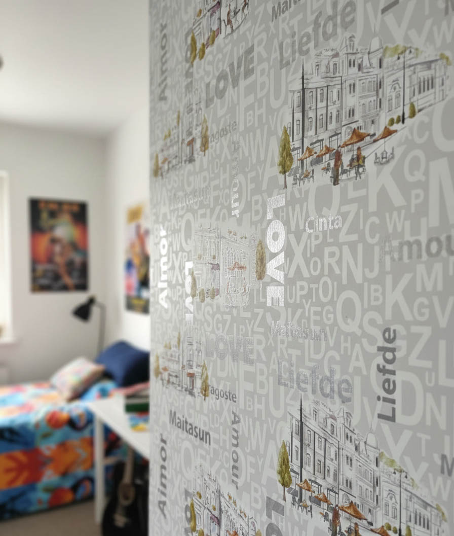 Kafe Harfli Şehirli Gri 16 M2 Duvar Kağıdı 10362-2