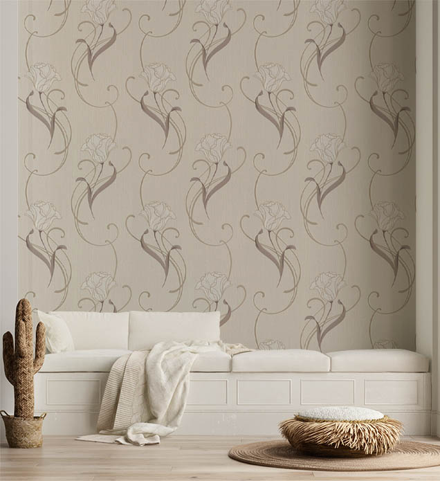 Kahverengi Krem Çiçekli Desen Ucuz Duvar Kağıdı 54373