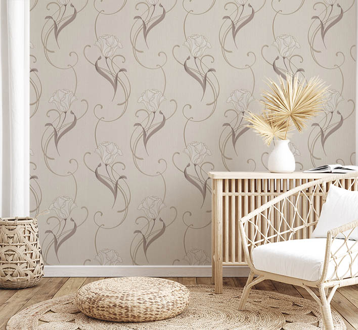 Kahverengi Krem Çiçekli Desen Ucuz Duvar Kağıdı 54373