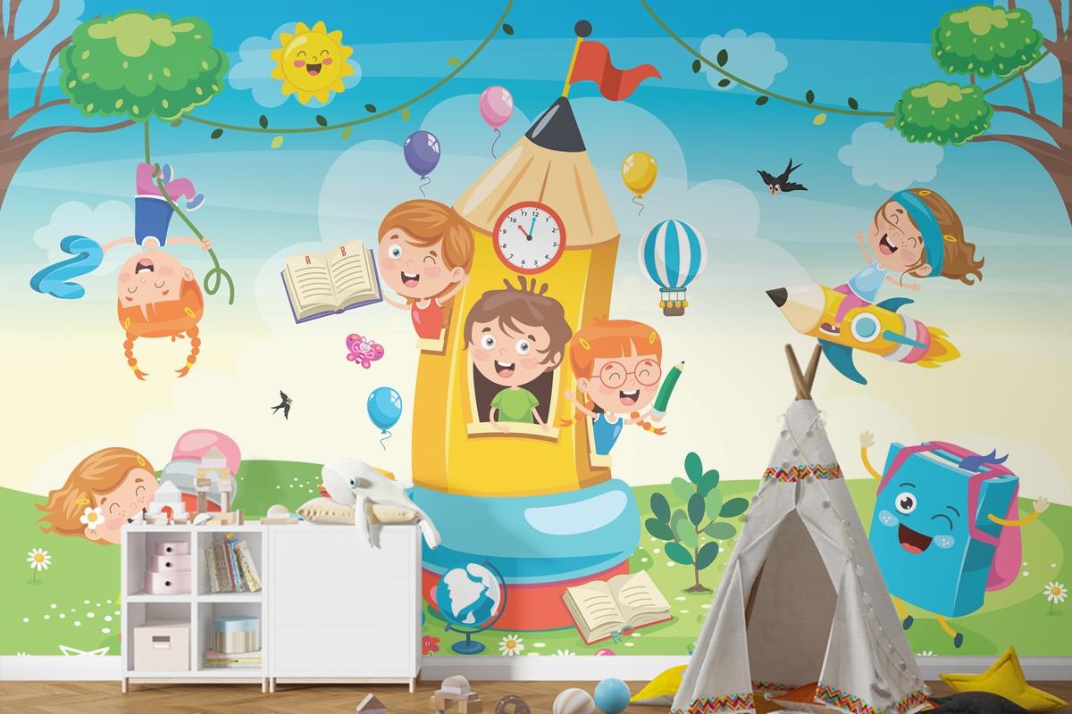 Kalem Evinde Oynayan Sevimli Çocuklar Çocuk Odası Duvar Kağıdı