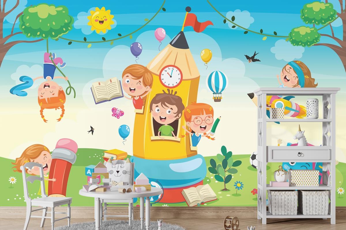 Kalem Evinde Oynayan Sevimli Çocuklar Çocuk Odası Duvar Kağıdı
