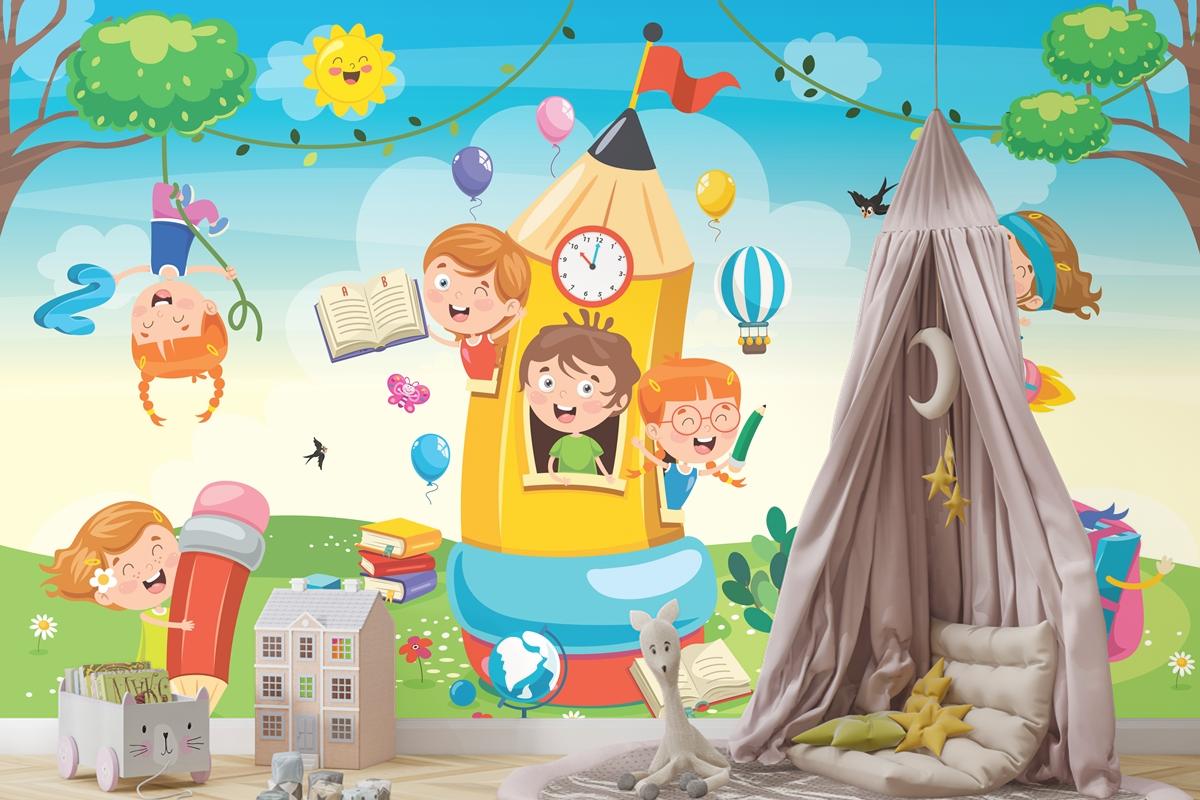 Kalem Evinde Oynayan Sevimli Çocuklar Çocuk Odası Duvar Kağıdı