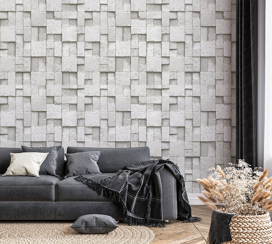 Kare Gri Taş Desen Duvar Kağıdı 16M2 - 6755-1