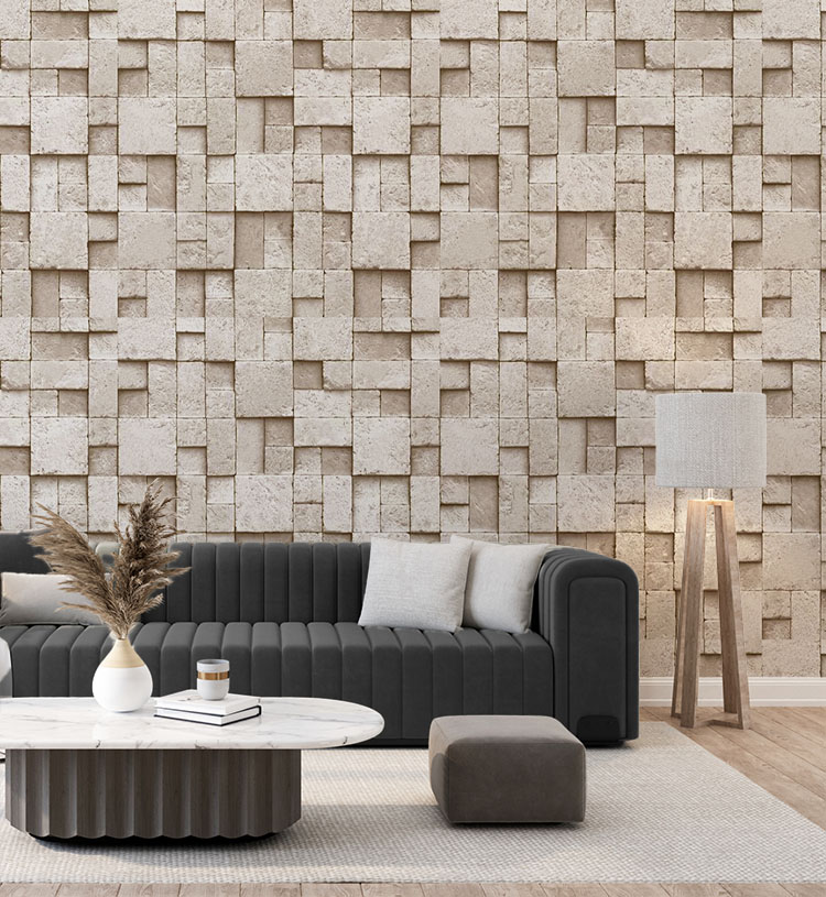 Kare Taş Desen Krem 16 M2 Duvar Kağıdı 6755-2