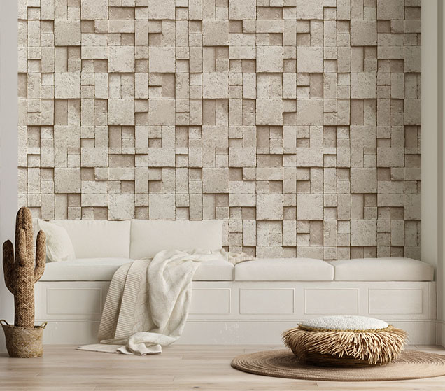 Kare Taş Desen Krem 16 M2 Duvar Kağıdı 6755-2