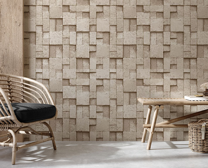 Kare Taş Desen Krem 16 M2 Duvar Kağıdı 6755-2