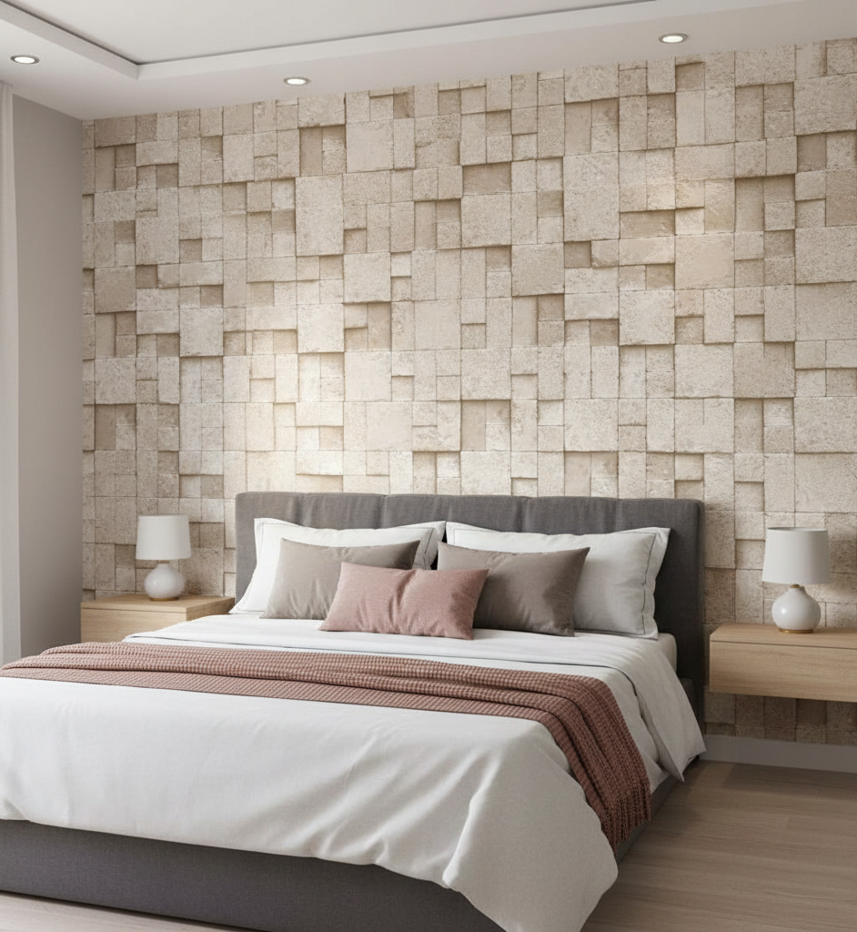 Kare Taş Desen Krem 16 M2 Duvar Kağıdı 6755-2