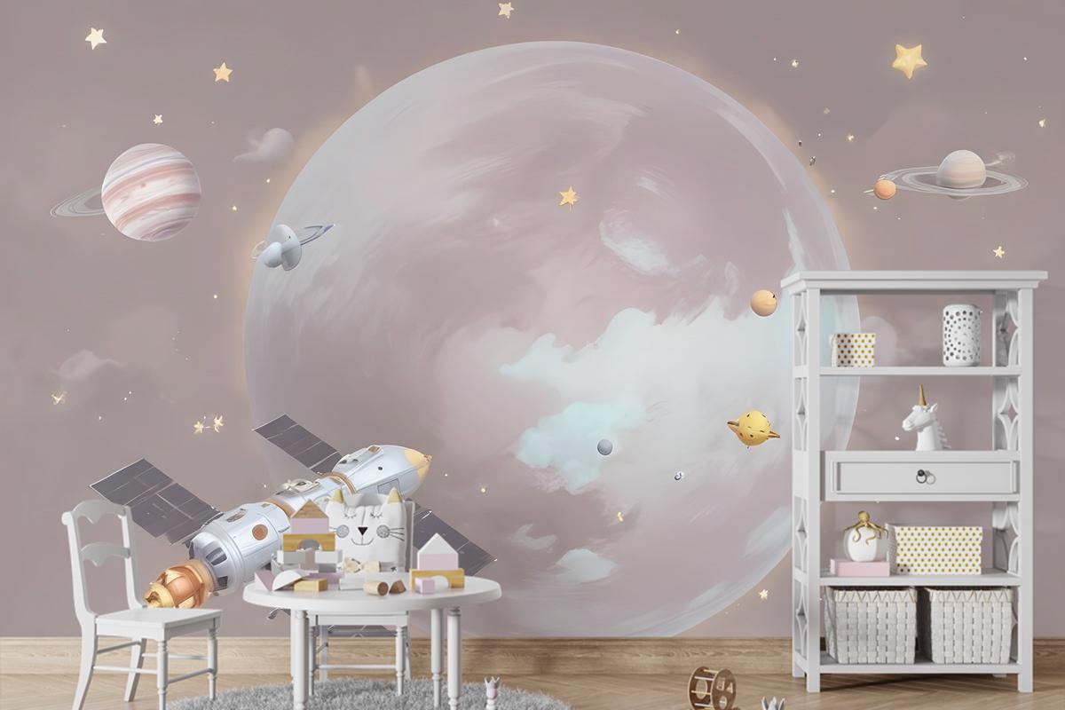 Karikatür Gezegenler Ve Yıldızlı Uzay Çocuk Odası Duvar Kağıdı
