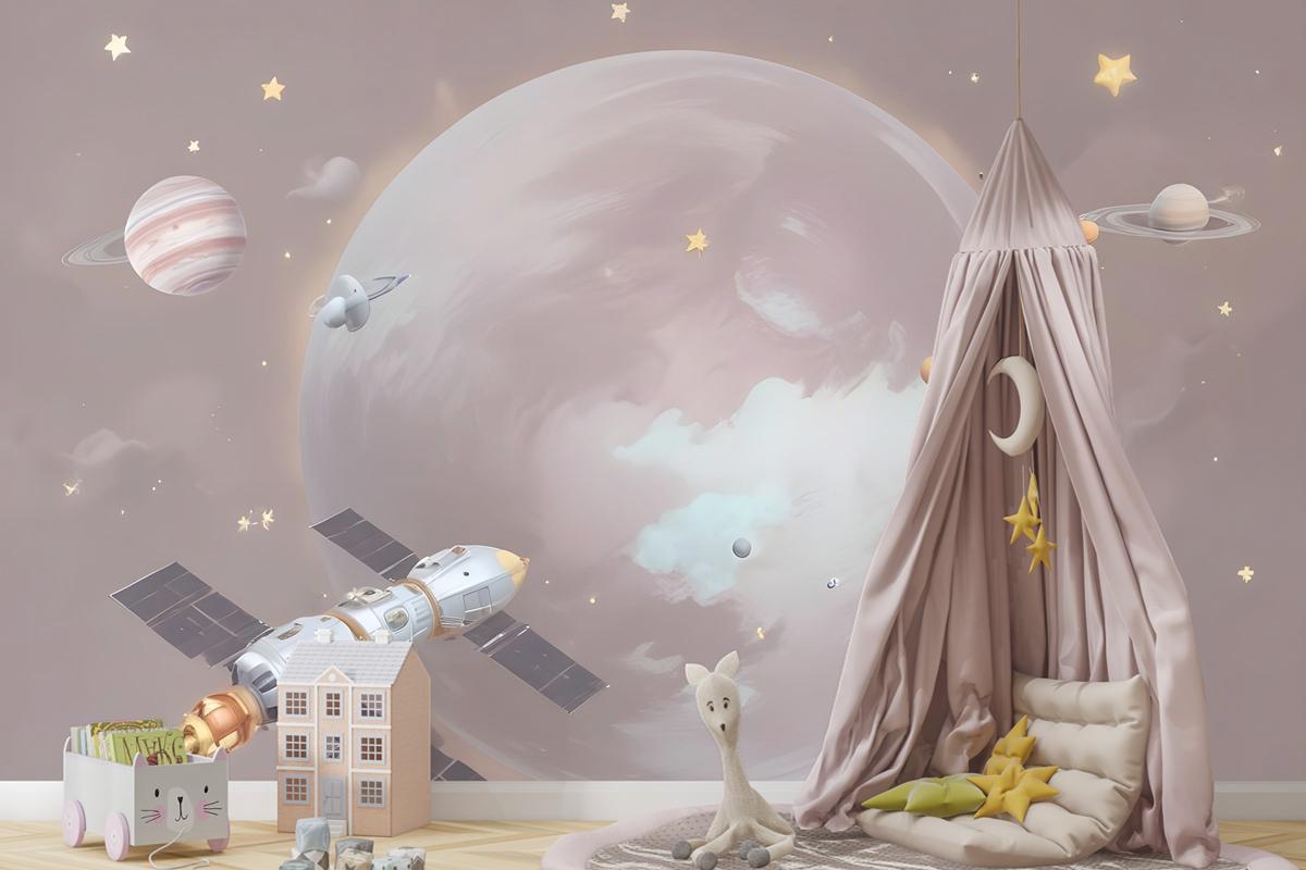 Karikatür Gezegenler Ve Yıldızlı Uzay Çocuk Odası Duvar Kağıdı