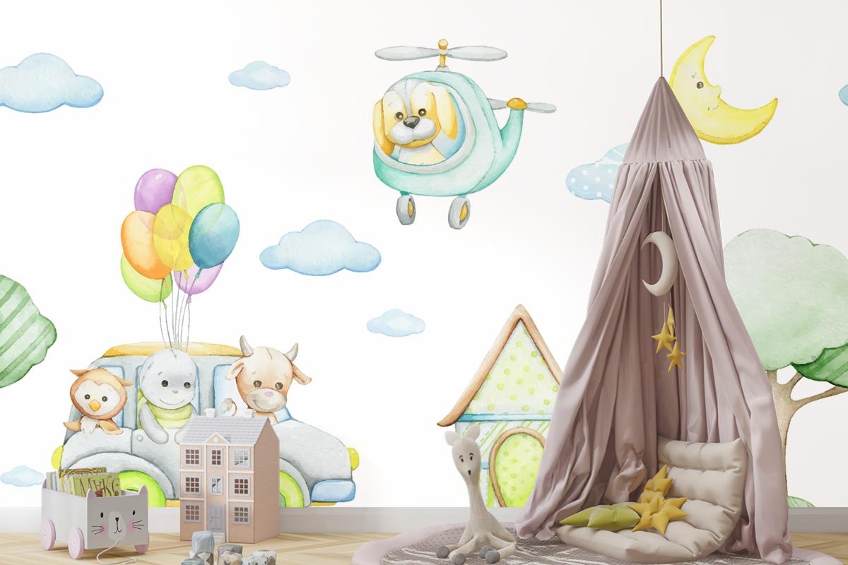 Karikatür Tarzı Tropikal Hayvanlar Araba Helikopter Ay Çocuk Odası Duvar Kağıdı Nde Suluboya Dikişsiz Desen