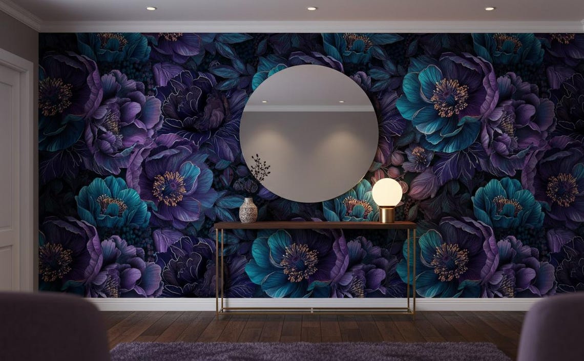 Kendinden Yapışkanlı - Botanik Koyu Turkuaz ve Mor Çiçekli Duvar Kağıdı 