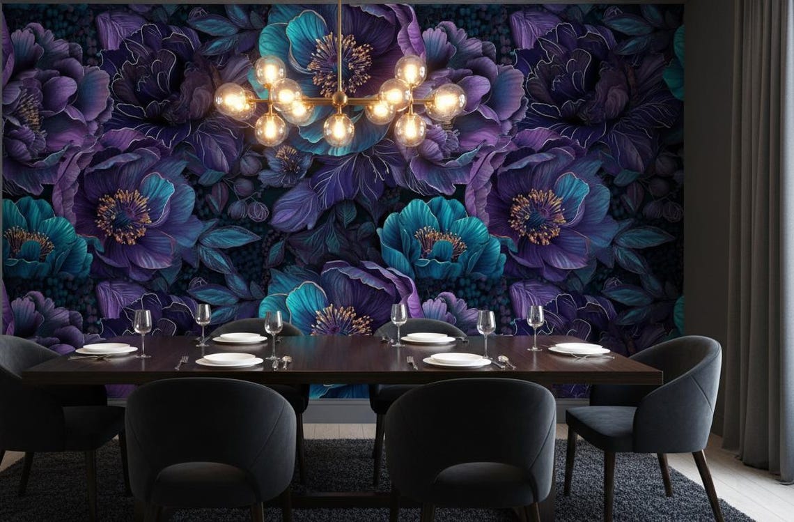 Kendinden Yapışkanlı - Botanik Koyu Turkuaz ve Mor Çiçekli Duvar Kağıdı 