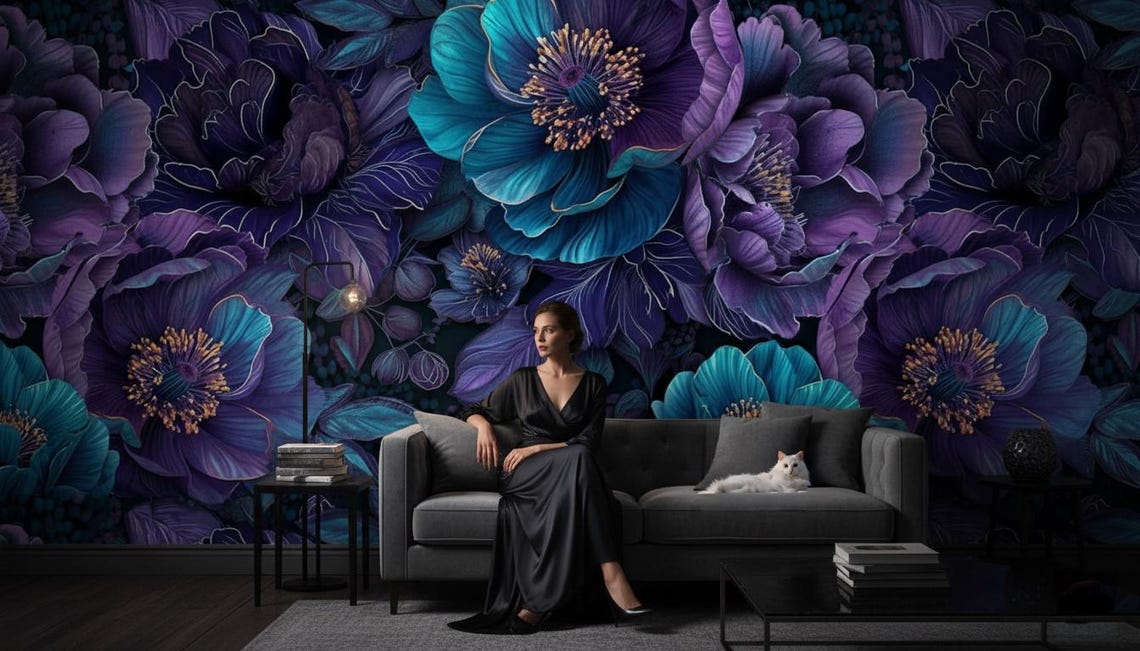 Kendinden Yapışkanlı - Botanik Koyu Turkuaz ve Mor Çiçekli Duvar Kağıdı 