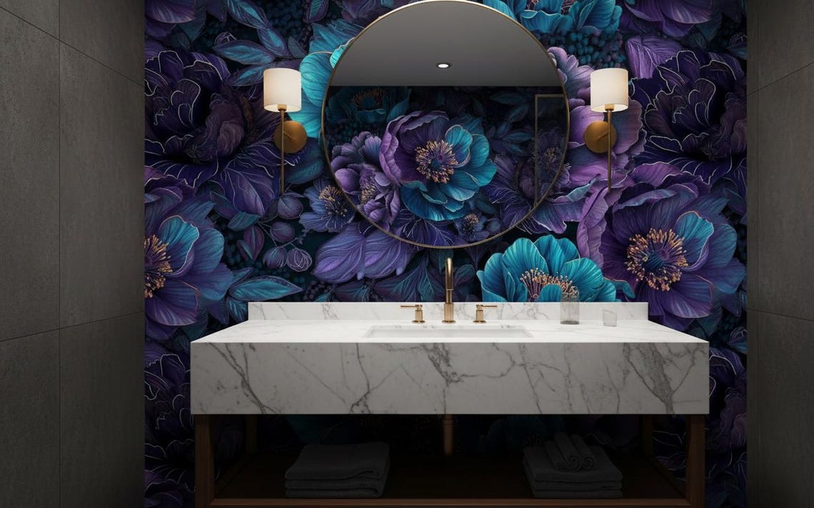 Kendinden Yapışkanlı - Botanik Koyu Turkuaz ve Mor Çiçekli Duvar Kağıdı 